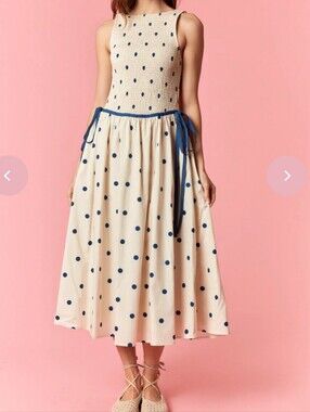 Peach Love Polka Dot Smocked Bodice Drop Waist Tie Midi Dress Navy Cream Size L